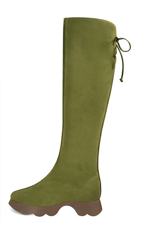 Pistachio green women's knee-high boots, with laces at the back. Round toe. Low rubber soles. Made to measure. Profile view - Florence KOOIJMAN